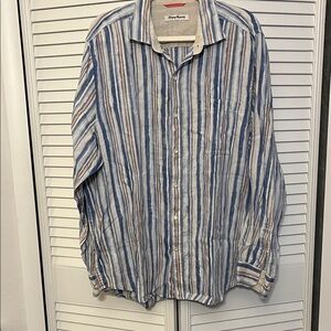 Tommy Bahama Blue ,White & Orange Striped Shirt. XL/TG